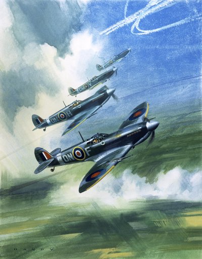 Lot patrolowy 416 Dywizjonu Kanadyjskich Królewskich Sił Powietrznych, Spitfire Mark 9s (gwasz na papierze) autorstwa Wilf (20th century) Hardy