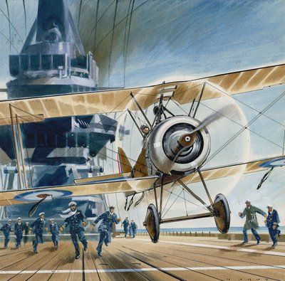 Lądowanie na pierwszym pokładzie (gwasz na papierze) autorstwa Wilf (20th century) Hardy