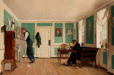 Wnętrze z Amaliegade. Kapitan Carl Ludvig Bendz stoi i Dr. Jacob Christian Bendz siedzi autorstwa Wilhelm Bendz