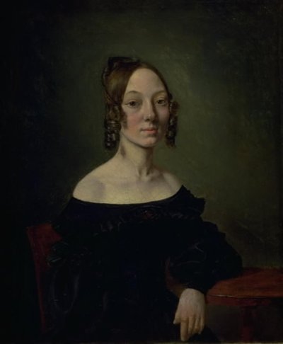 Portret dziewczyny w czarnej sukience siedzącej przy stole autorstwa Wilhelm Bendz