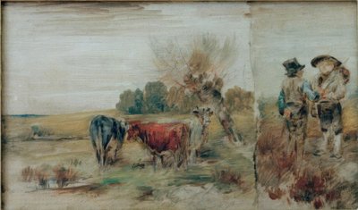 Podwójny obraz: krowy na pastwisku, dwóch rozmawiających rolników autorstwa Wilhelm Busch