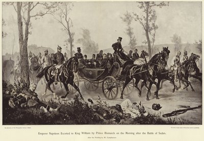 Cesarz Napoleon eskortowany do króla Wilhelma przez księcia Bismarcka rano po bitwie pod Sedanem autorstwa Wilhelm Camphausen