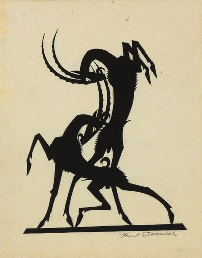 Walczące kozy, ok. 1920 r. (wycięty papier ułożony na bibułce) autorstwa Wilhelm Hunt Diederich