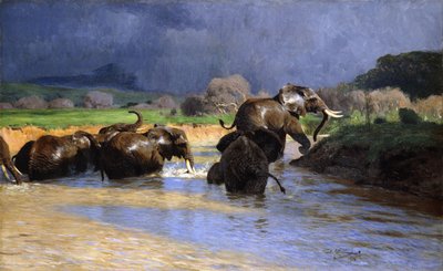 Słonie w kąpieliskach; Słonie w kąpieliskach, 1908 autorstwa Wilhelm Kuhnert