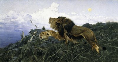 Lwy o zmierzchu, autorstwa Wilhelm Kuhnert