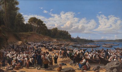 Osoby chodzące do kościoła przybywające łodzią do kościoła parafialnego w Leksand nad jeziorem Siljan w Szwecji autorstwa Wilhelm Marstrand