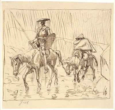 Don Kichot i Sancho Pansa jeżdżą w ulewnym deszczu autorstwa Wilhelm Marstrand