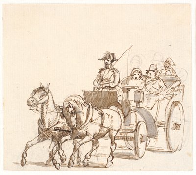 Landauera. Woźnica w trójkątnym kapeluszu, pan i służący autorstwa Wilhelm Marstrand