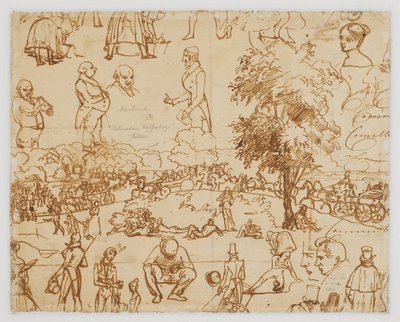 Landschaft mit Pferdewagen und zahlreichen Figurenskizzen autorstwa Wilhelm Marstrand