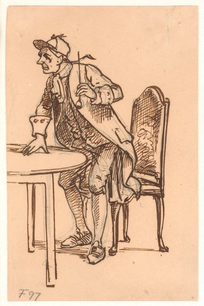 Mężczyzna w czapce i fajce wstaje (dyskutuje?) przy stole autorstwa Wilhelm Marstrand