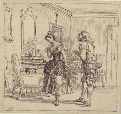 Rozyna wręcza Figaro list do hrabiego Almavivy. (Cyrulik sewilski) autorstwa Wilhelm Marstrand