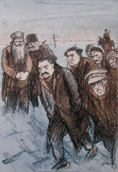 Karykatura Leona Trockiego (1879-1940) na Syberii, z magazynu „Simplicissimus”, styczeń 1928 (litografia kolorowa) autorstwa Wilhelm Schulz