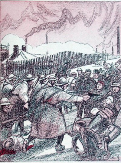 Represje armii francuskiej podczas okupacji Zagłębia Ruhry, z „Simplicissimus”, styczeń 1924 (litografia kolorowa) autorstwa Wilhelm Schulz