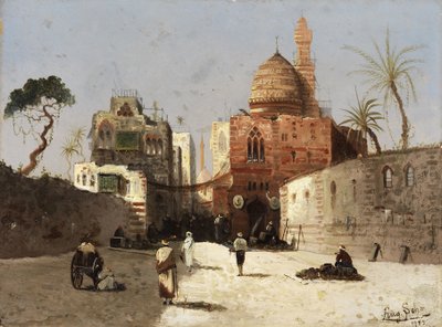 Angielski: Orientalna scena uliczna z meczetem, minaretem i kupcami na dziedzińcu. autorstwa Wilhelm Sohn