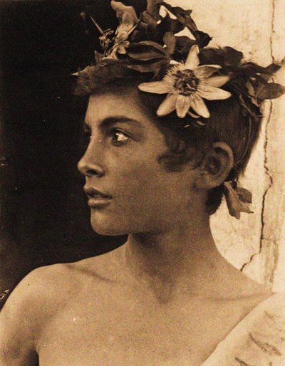 Studium sycylijskiego chłopca z kwiatami męczennicy we włosach, Sycylia, ok. 1899 (zdjęcie) autorstwa Baron Wilhelm von Gloeden