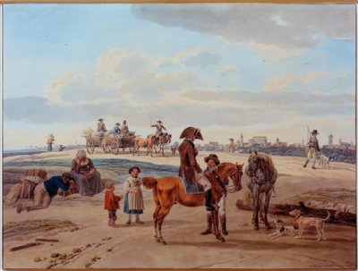 Jeźdźcy, rolnicy i wozy przed miastem autorstwa Wilhelm von Kobell