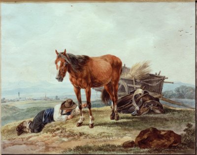 Śpiący chłopiec z farmy z koniem autorstwa Wilhelm von Kobell