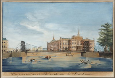 Widok na Most Łańcucha Pantelejmonowskiego i Zamek Michajłowski (zamek św. Michała ou chateau des ingenieurs) po drugiej stronie Fontanki w Sankt Petersburgu - Wilhelm von Traitteur (1788-1859). Pióro, pędzel, akwarela, tusz i biały kolor na papierze autorstwa Wilhelm von Traitteur