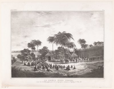 Aankomst van Prins Diepo Black in MagelangLe Prince Diepo Black (tytuł na obiekcie)Atlas Memoirs on the War of the Island of Java 1825 to 1830 (tytuł serii) autorstwa Wilhelmus van Groenewoud