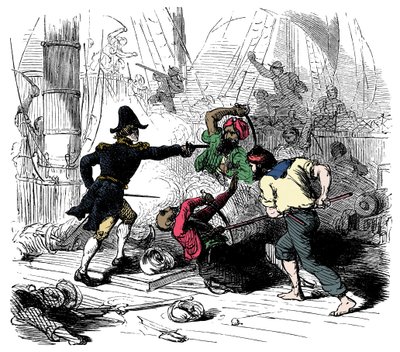 Walka z algierskimi piratami Rycina z filmu "Sir Henry Morgan, Buccaneer autorstwa Will Crawford
