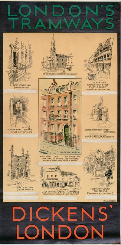 „Londyn Dickensa”, plakat Rady Hrabstwa Londynu LCC Tramways, 1930 autorstwa Will Owen