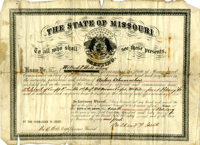 Przyznanie Antonowi Schumacherowi stopnia wojskowego podporucznika kompanii F w 1. pułku U.S.R.C., ochotników z Missouri, 6 lutego 1862 r. autorstwa Willard P. Hall