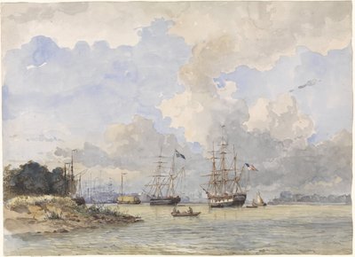 Maas do Rotterdamu statkiem amerykańskim i szwedzkim autorstwa Willem Anthonie van Deventer