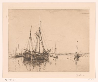 Przystań z zacumowanym dwumasztowym Haven, Norderney (tytuł oryginalny) autorstwa Willem Bastiaan Tholen (signed by artist)