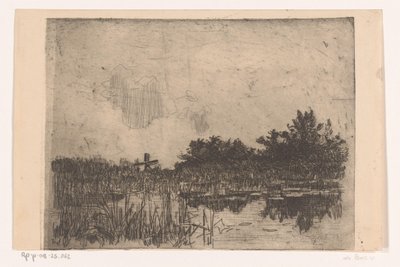 Jezioro z trzciną i młynem wodnym, niedaleko Giethoorn Kolk z młynem wodnym (Giethoorn) (tytuł oryginalny) autorstwa Willem Bastiaan Tholen