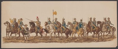 Parada Delft z 1862 r., pierwsza grupa Czwarte Lustrum Akademii Królewskiej w Delft - Ao. 1862 - Costumed Optogt (tytuł serii na obiekcie) autorstwa Willem Bernardus IJzerdraat
