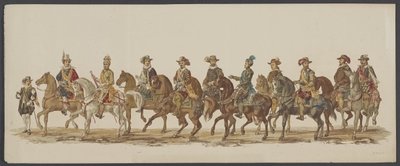 Parada Delft z 1862 r., czwarta grupa Czwarte Lustrum Akademii Królewskiej w Delft - Ao. 1862 - Costumed Optogt (tytuł serii na obiekcie) autorstwa Willem Bernardus IJzerdraat