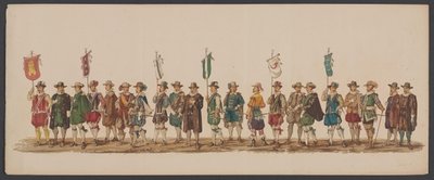 Parada Delft z 1862 r., piąta grupa Czwarte Lustrum Akademii Królewskiej w Delft - Ao. 1862 - Costumed Optogt (tytuł serii na obiekcie) autorstwa Willem Bernardus IJzerdraat