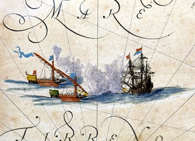 Bitwa między dwiema galerami i karawaną. Atlas autorstwa Willema Janszoon Blaeu (1571 - 1638) autorstwa Willem Blaeu