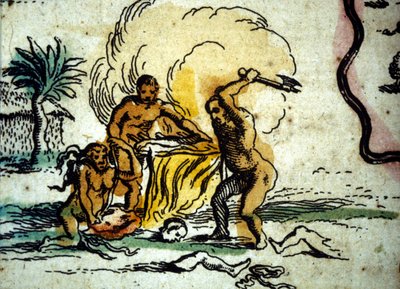 Brazylia. Kanibale przedstawiające mężczyznę z siekierą. Szczegół mapy Atlasu W. Blaeu autorstwa Willem Blaeu