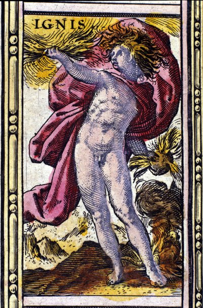 Ogień, jeden z czterech żywiołów przedstawionych w Atlasie W. Blaeu wydrukowanym w Amsterdamie w 1655 roku. autorstwa Willem Blaeu