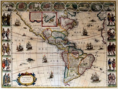 Mapa geograficzna Ameryki. W „”Le theatre du monde ou le nouvel atlas Amsterdam”” wyprodukowanym przez Willema Janszoon Blaeu (1571-1638) autorstwa Willem Blaeu