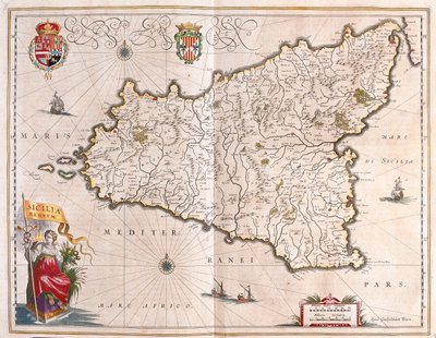Wyspa Sycylia, Włochy, w "Theatrum Orbis Terrarum, sive Atlas Novus" Willema Blaeu, Amsterdam autorstwa Willem Blaeu