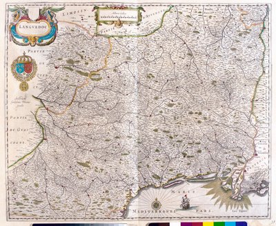 Mapa obejmująca Langwedocję - Roussillon - Montpellier - Tuluzę - Awinion - Arles, w "Theatrum Orbis Terrarum, sive Atlas Novus" Willema Blaeu, Amsterdam. autorstwa Willem Blaeu