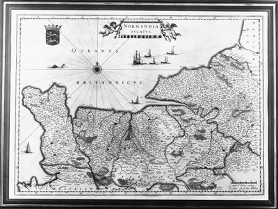 Mapa Normandii według ilustracji z Theatrum Orbis Terrarum lub Atlas Novus autorstwa Willema i Joan Blaeu, tablica przedstawiająca Normandię Ducatus autorstwa Willem Blaeu