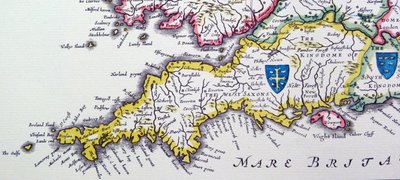 Tarcze Wessex i Sussex z Heptarchii; zbiorcza nazwa stosowana do anglosaskich królestw autorstwa Willem Blaeu