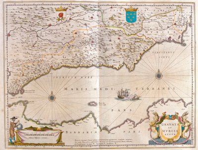 Cieśnina Gibraltarska do Alicante aż po dolinę Guagalquivir i Sewillę oraz wybrzeże Afryki Północnej, w "Theatrum Orbis Terrarum, sive Atlas Novus" Willema Blaeu, Amsterdam autorstwa Willem Blaeu