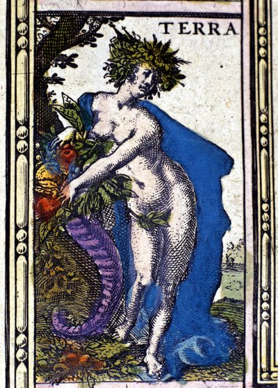 Ziemia, jeden z czterech żywiołów przedstawionych w Atlasie W. Blaeu wydrukowanym w Amsterdamie w 1655 roku. autorstwa Willem Blaeu