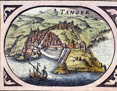 Widok na warowne miasto Tanger i wybrzeże, Maroko. Mapa z holenderskiego Atlasu autorstwa W.G. Blaeu, Amsterdam autorstwa Willem Blaeu