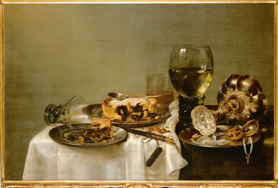 Stół śniadaniowy z jeżynami (obraz na drewnie) autorstwa Willem Claesz. Heda