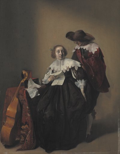 Siedząca kobieta z listem, stojący przy niej dżentelmen autorstwa Willem Cornelisz Duyster