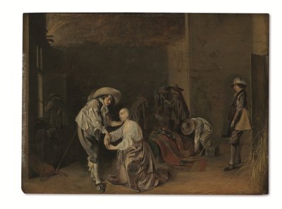 Żołnierze biorący łup (olej na panelu) autorstwa Willem Cornelisz Duyster