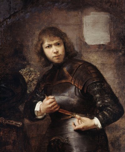 Żołnierz, stojący w trzech czwartych długości, zapinający pas, autorstwa Willem Drost