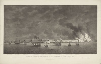 Widok marki i strzelaniny miasta Antwerpii 27 października 1830 r. pod dowództwem Z. Exc.e Luit.t Gener.l Baron D.H. podwozie; na stanowisku Dywizjonu Z.M. pod dowództwem Kapitana Morza Jonkh.r J.E. Lewe van Aduard (tytuł na obj autorstwa Willem Hendrik Hoogkamer