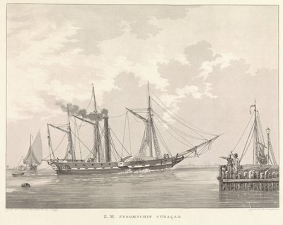 Parowiec wiosłowy na nabrzeżu Z.M. Steamship Curaçao (tytuł na obiekcie) autorstwa Willem Hendrik Hoogkamer