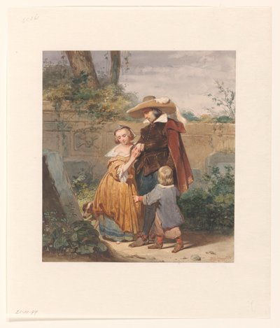 Ojciec z dwójką dzieci przy grobie matki autorstwa Willem Hendrik Schmidt